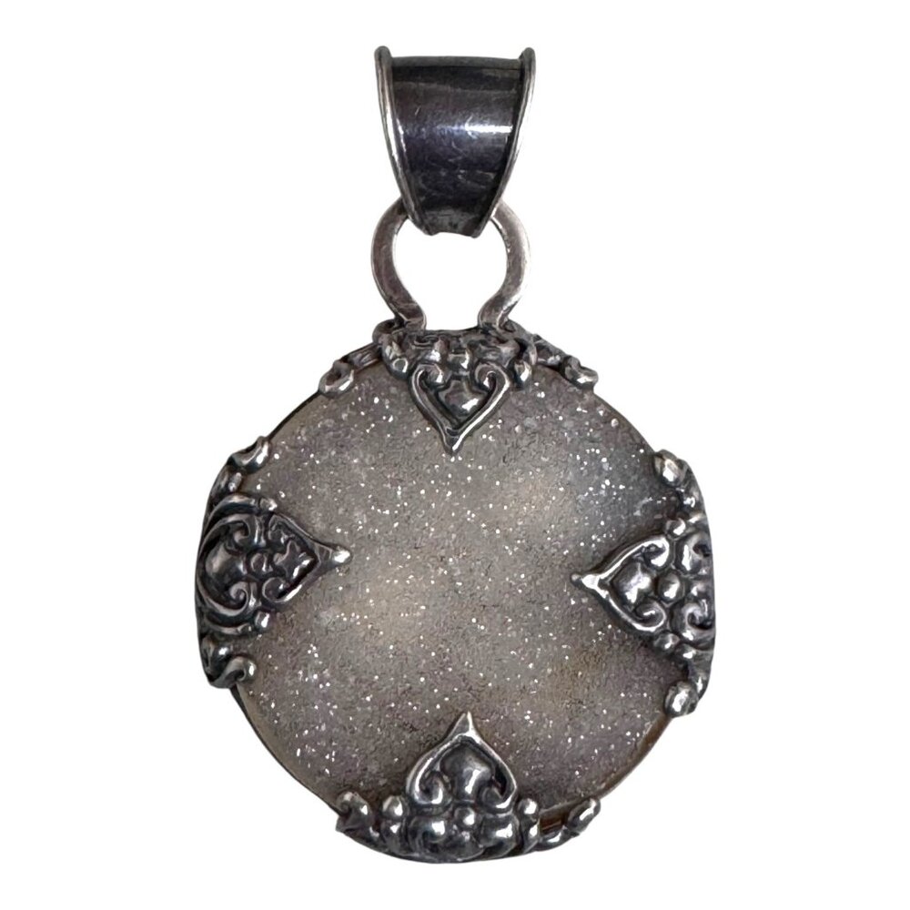 Vintage 925 Sterling Silver Druzy Quarts Round Pendant Art Deco Ornate Design